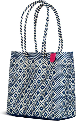 Vista 3 de Mixte Bolso tote tejido, bolso de playa beige y azul marino, bolso de plástico reciclado ecológico, resistente al agua, hecho a mano por artesanos