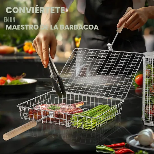 Vista 4 de Ivtivfu Juego de cesta para parrilla, mango de madera removible, acero inoxidable 304, herramientas de barbacoa con ruedas, accesorios para parrilla