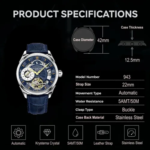 Vista 6 de Stuhrling - Reloj de vestir automático para hombre de acero inoxidable con movimiento mecánico automático de esqueleto, subesfera de hora de duelo e