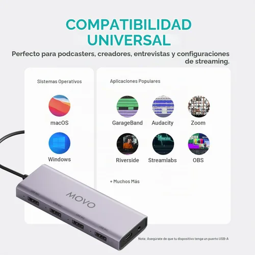 Vista 8 de Paquete de podcast USB para 2 personas Movo - 2 micrófonos de condensador y concentrador USB Negro