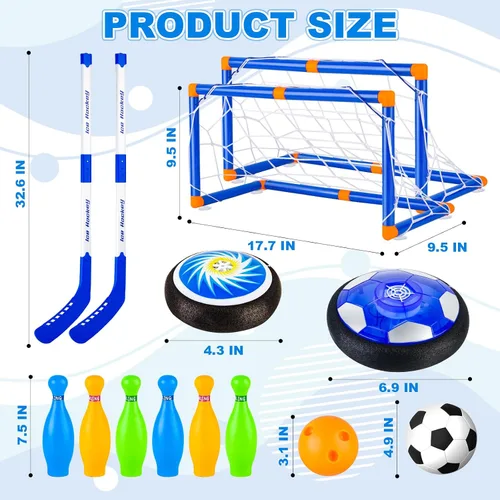 Vista 6 de NEUBSAW Juego de fútbol de hover 4 en 1 y juego de hockey y bolos, juguete deportivo de aire flotante LED para jugar en interiores y exteriores