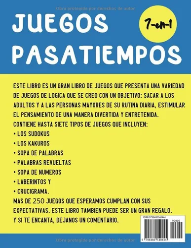 Vista 2 de Juegos y pasatiempos para adultos y mayores libro de actividades y juegos 7 en 1 para ancianos Sudoku - Sopa de Letras - Sopa de Numéros - Kakuros
