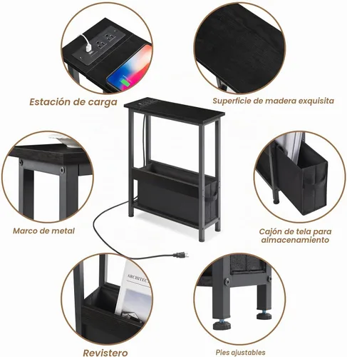 Vista 7 de BAMGROW Mesa auxiliar de carga delgada con almacenamiento, para espacios pequeños y dormitorio (negro)