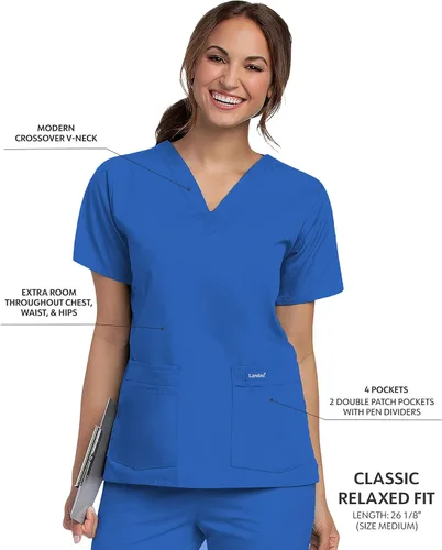 Vista 2 de Landau Essentials Relaxed Fit 4-Pocket V-Neck Scrub Top for Women 8219