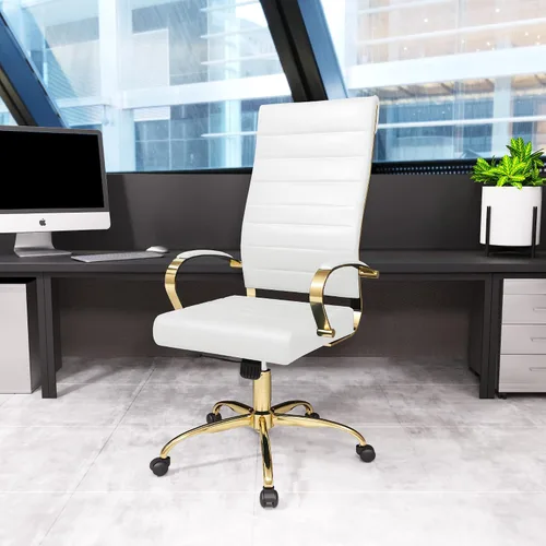 Vista 2 de LeisureMod Silla de oficina moderna de cuero con respaldo alto, silla de escritorio ejecutiva giratoria y ajustable con marco dorado, diseño Blanco