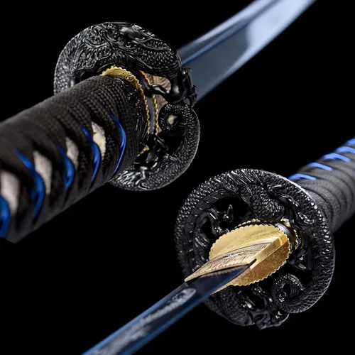 Vista 4 de OYZ Espada katana azul japonesa auténtica, espada completa, práctica, funcional, acero de alto carbono 1060, Hademade templada por calor, forjada a