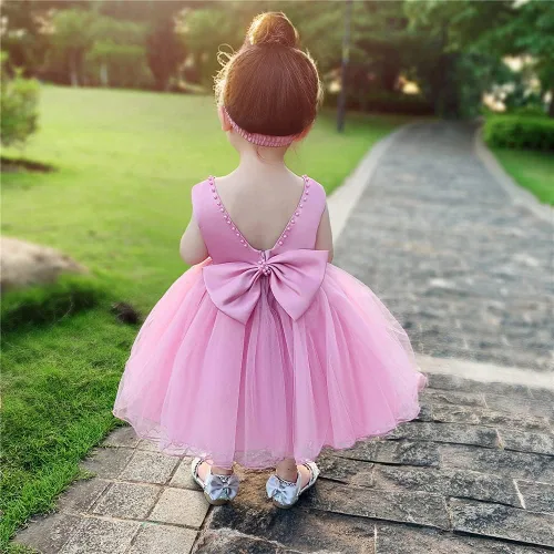 Vista 6 de NSSMWTTC 6M-6T Vestido de concurso sin espalda para bebé, vestido de tutú para niñas pequeñas, vestidos de flores con gorro