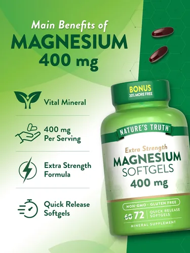 Vista 5 de Nature's Truth Magnesio 400mg 72 cápsulas blandas Tamaño de valor Extra fuerte de óxido de magnesio Suplemento sin OMG y sin gluten