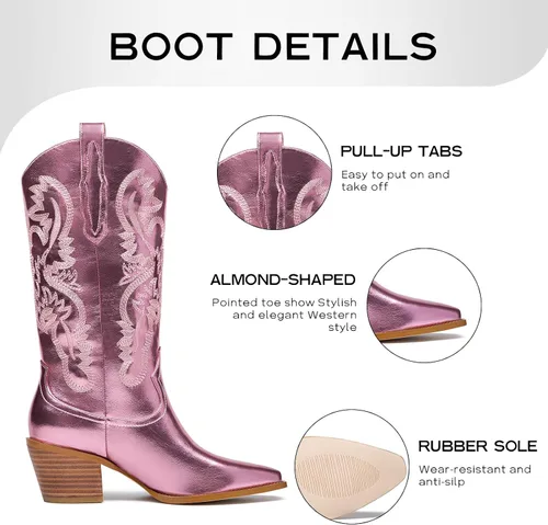 Vista 4 de GOSERCE Botas vaqueras para mujer Botas vaqueras metálicas de media pantorrilla con bordado, brillantes, estilo occidental, de pantorrilla ancha