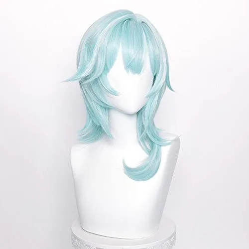 Vista 3 de Alacos Anime - Pelucas de cosplay de múltiples roles, resistente al calor, peluca de fiesta de Halloween + gorra gratis (peluca de eula azul)