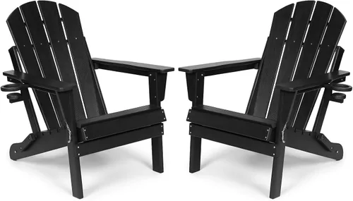 Vista 18 de Silla Adirondack plegable de HDPE, silla de patio al aire libre con soporte para tazas, silla de césped de grano de madera resistente a