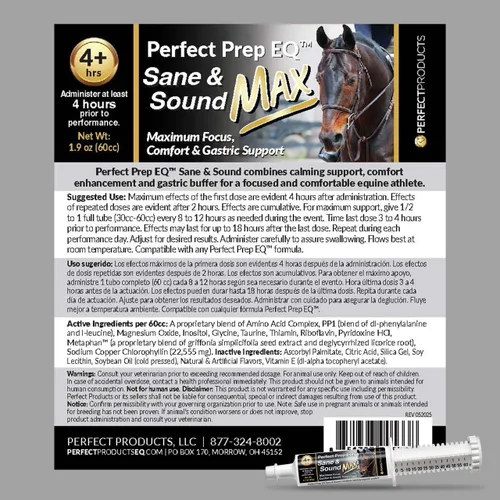 Vista 4 de Perfect Prep EQ Sane and Sound MAX - Pasta calmante para caballos, acción larga, máxima fuerza calmante para la solidez y la ansiedad, mostrada