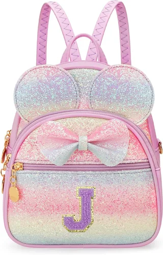 Vista 27 de KKXIU Mochilas Mini con Moño Inicial para Niñas y Mujeres, Linda Mochila Pequeña con Asa de Bolso, Regalos Personalizados para Niños, Arcoíris