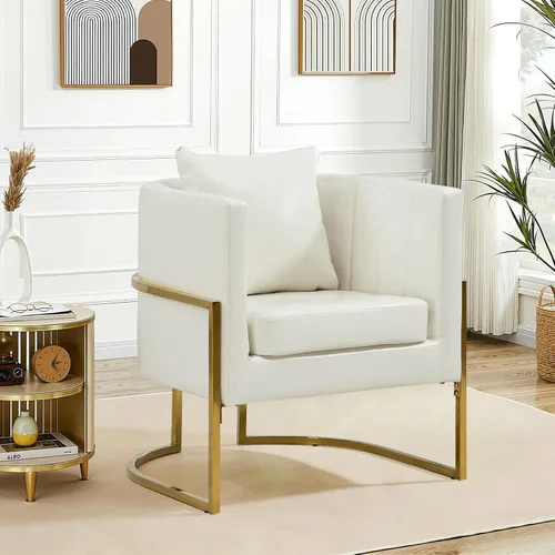 Vista 26 de Silla moderna de cuero, sillón tapizado de mediados de siglo con almohada para sala de estar, cómoda silla de tocador individual con patas doradas