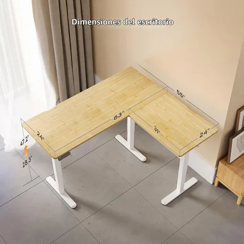 Vista 4 de Claiks - Escritorio de pie en forma de L de 63 x 55 pulgadas, altura Bambú