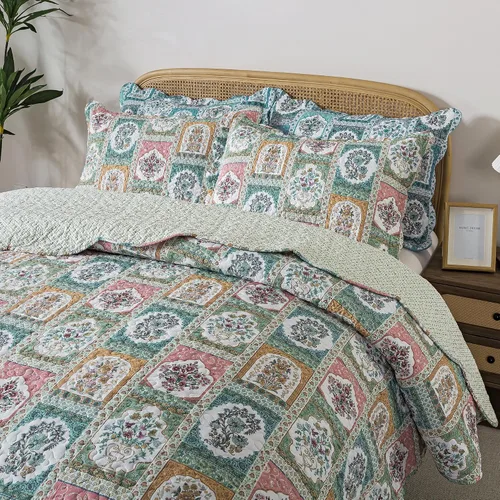 Vista 52 de Juego de cama de dos piezas, tamaño individual, de microfibra, reversible, de retazos, estilo floral, todas las estaciones, patrón de porcelana azul
