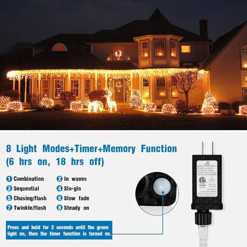 Vista 8 de Guirnalda de luces LED de carámbano de 32.8 pies, 8 modos, impermeable, luces de Navidad para exteriores con función de memoria, cortina de luces