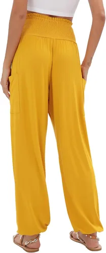 Vista 2 de QIANXIZHAN - Pantalones deportivos de tiro alto para mujer, diseño estilo harén bohemio con bolsillos, para yoga