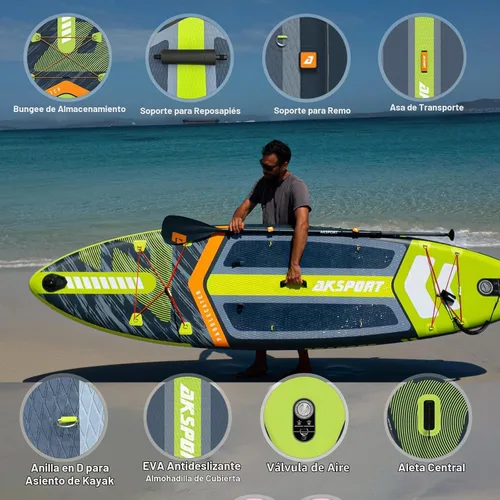 Vista 4 de AKSPORT Tabla de Paddle Inflable de Pie, Tabla SUP con Todos los Accesorios, Diseño Amplio y Estable, Cubierta Antideslizante, Tablas de Paddle