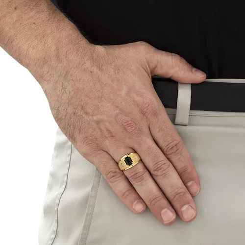 Vista 3 de Anillo de oro amarillo de 10 quilates para hombre, corte esmeralda, ónix negro natural y diamantes