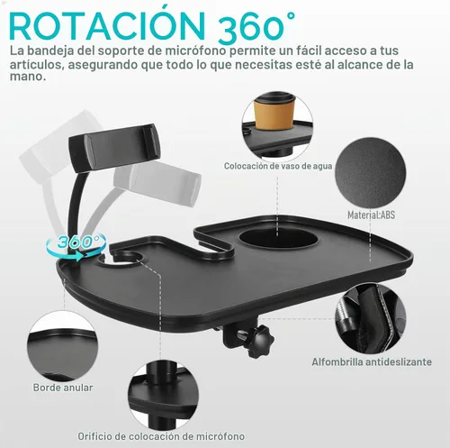 Vista 3 de Toyvian Bandeja universal para micrófono con soporte para bebidas, soporte de micrófono ajustable, soporte de teléfono para transmisión en vivo