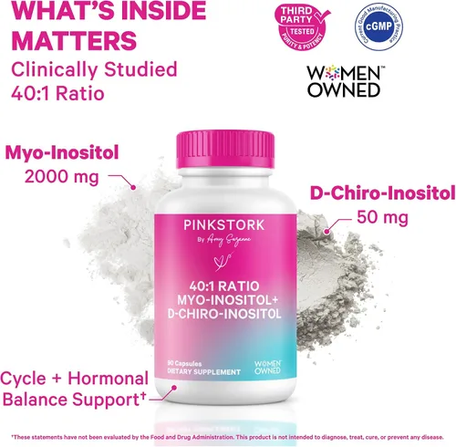 Vista 2 de Pink Stork Suplemento de inositol para mujeres, mio-inositol 40:1 y D-chiro inositol, equilibrio hormonal para mujeres, ovulación saludable y apoyo
