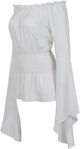 Vista 2 de Blusa de manga larga para mujer, con hombros descubiertos, estilo renacentista, pirata, gótica, campesina, blusa bohemia fruncida de verano