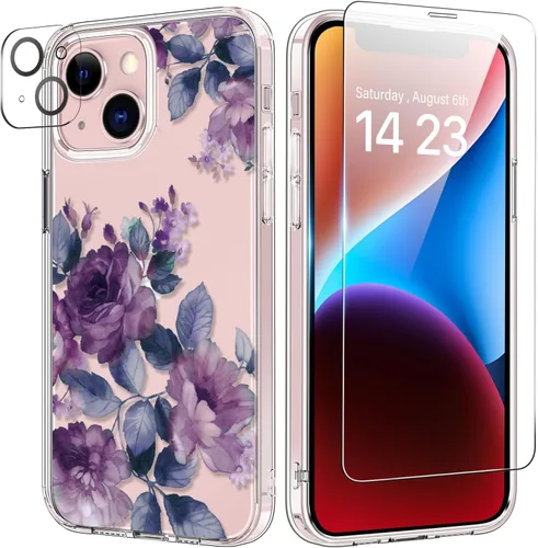 Vista 56 de bicol Funda para iPhone 14 Plus con Protector de Pantalla y Lente de Cámara - Diseños Florales de Moda para Mujeres y Niñas - Funda Transparente