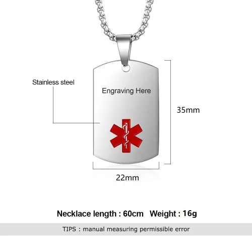 Vista 2 de Collar de alerta médica personalizada de acero inoxidable para hombres y mujeres, etiqueta de identificación médica de emergencia grabada para él
