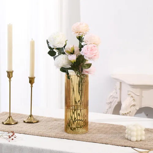 Vista 3 de Jarrón de vidrio ámbar, florero de cristal, jarrón de vidrio acanalado, moderno jarrón para flores, jarrón alto de vidrio para sala de estar, mesa