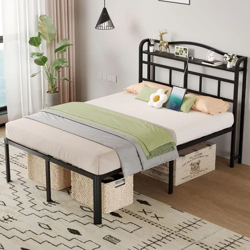 Vista 6 de Base de cama de metal de 18 pulgadas, base de colchón básica de plataforma resistente de color negro con cabecera y estación de carga, no necesita