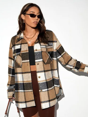 Vista 3 de RMLYUSR Abrigos para mujer de invierno con estampado a cuadros y hombros caídos, abrigo para mujer (color multicolor, tamaño L)
