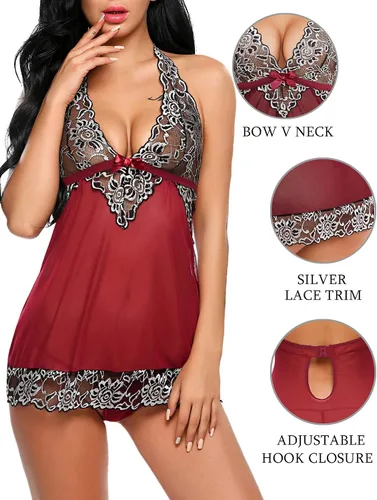 Vista 4 de Lencería Avidlove con cuello en V, de encaje, babydoll de malla, ropa de noche para mujer