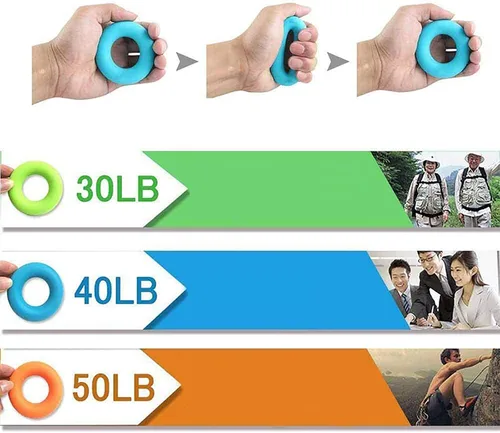 Vista 6 de Paquete de 4 anillos fortalecedores de agarre de mano, ejercitador de dedos, entrenador de fuerza de silicona, para entrenamiento de fortalecimiento