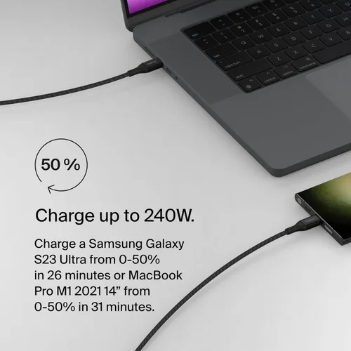 Vista 3 de Belkin BoostCharge - Cable USB C a USB C, cable de alimentación de carga rápida con cable de nailon trenzado, cabezal de aluminio anodizado, entrega