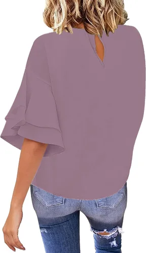 Vista 2 de luvamia Blusa casual de manga acampanada de 34 con cuello redondo para mujer