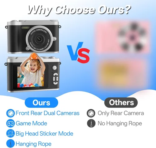 Vista 6 de Cámara para niños: cámara digital para niños con zoom HD 8X de 48 MP con más de 20 filtros, mini cámara MP3 para niños, cámara de juego 5 en 1
