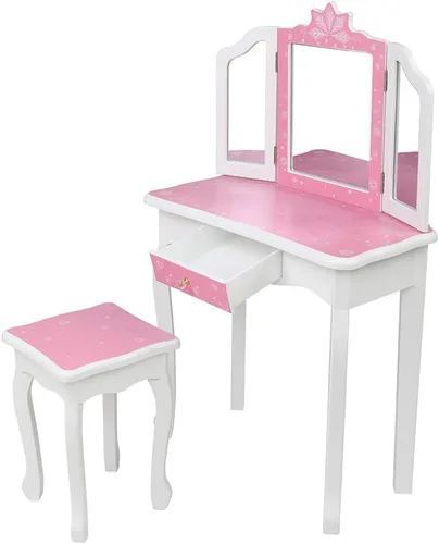 Vista 8 de Juego de tocador con espejo y taburete para niñas, tocador de maquillaje con cajón, mesa de tocador de princesa para niñas