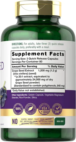 Vista 2 de Carlyle Suplemento de extracto de semilla de uva 240 cápsulas Fórmula estandarizada de máxima resistencia Sin OMG y sin gluten
