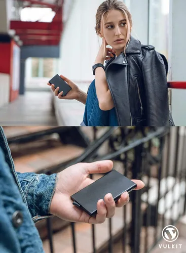 Vista 6 de VULKIT Cartera desplegable, soporte minimalista para tarjetas de crédito, bloqueo RFID, funda de metal delgada para hombres