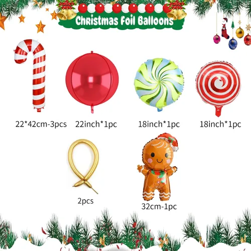 Vista 3 de Kit de Guirnalda de Globos de Navidad, 108 Piezas Globos Retro Verde Oscuro Rojo Oro Arco con Globos 4D, Globos de Caramelo en Forma de Bastón