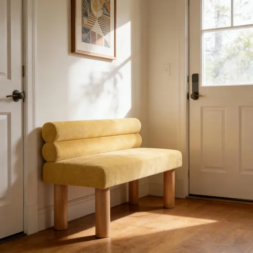 Vista 10 de GDFStudio Banco tapizado de bouclé con respaldo para comedor, banco de entrada estilo granja con patas de madera de goma, banco largo para Beige