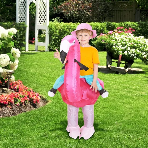 Vista 7 de Disfraz inflable de flamenco para niños, disfraz inflable de flamenco con sombrero de cubo rosa, divertido vestido elegante para Halloween, Navidad