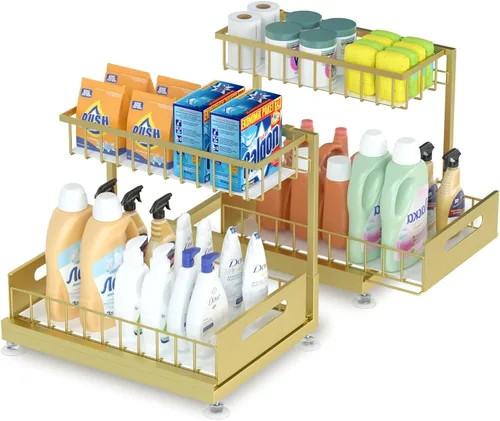 Vista 10 de Saydear Organizador de almacenamiento para debajo del fregadero, organizador de armario de cocina extraíble de 2 niveles con cajón deslizante, Negro