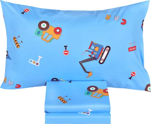 Vista 2 de J-pinno Cars Vehicles Digger - Juego de sábanas para niños pequeños, 100 % algodón, 3 piezas, de dibujos animados, sábana encimera y funda
