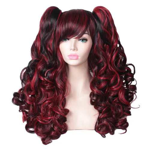 Vista 15 de ColorGround Peluca larga y rizada para cosplay con 2 colas de caballo (azul celeste)