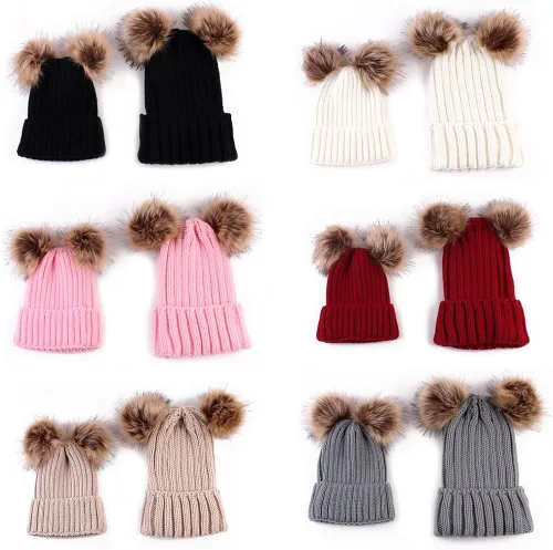 Vista 2 de oenbopo 2PCS Parent-Child Hat Winter Warmer Baby HatWomen Hat Mother Baby Knit Hat Beanie Winter Warm Crochet Cap