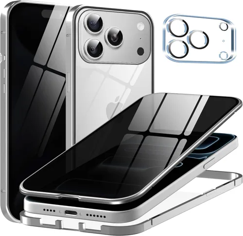 Vista 10 de Funda de privacidad de metal de titanio para iPhone 16, protector de pantalla de privacidad integrado y protector de lente de cámara, adsorción