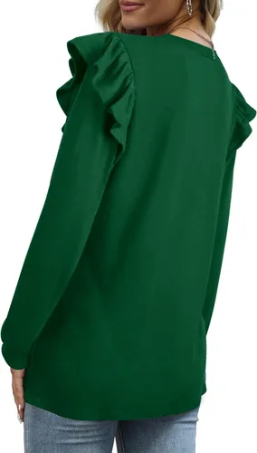 Vista 4 de Dofaoo Camisas de manga larga para mujer, estilo casual, cuello redondo, volantes, ajuste holgado