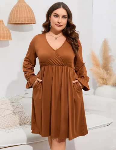 Vista 8 de ShopWonder Vestido de talla grande para mujer, con cuello en V, acampanado, largo hasta la rodilla, vestido de fiesta, minivestido de fiesta